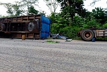 Dimbokro : une remorque chargée de sacs de charbon de bois se renverse