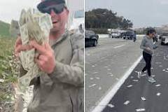 La porte du fourgon s’ouvre, pluie de billets sur une autoroute californienne La porte du fourgon s’ouvre, pluie de billets sur une autoroute californienne